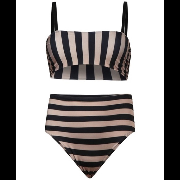 Boohoo Tonal Stripe Bow High Waist Bikini Set - Picture 3 of 5